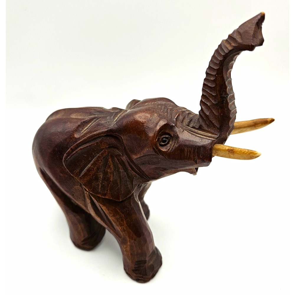 Hand Carved Wooden Elephant Figurine with upturned Tusks, Dark Brown Wood Decor